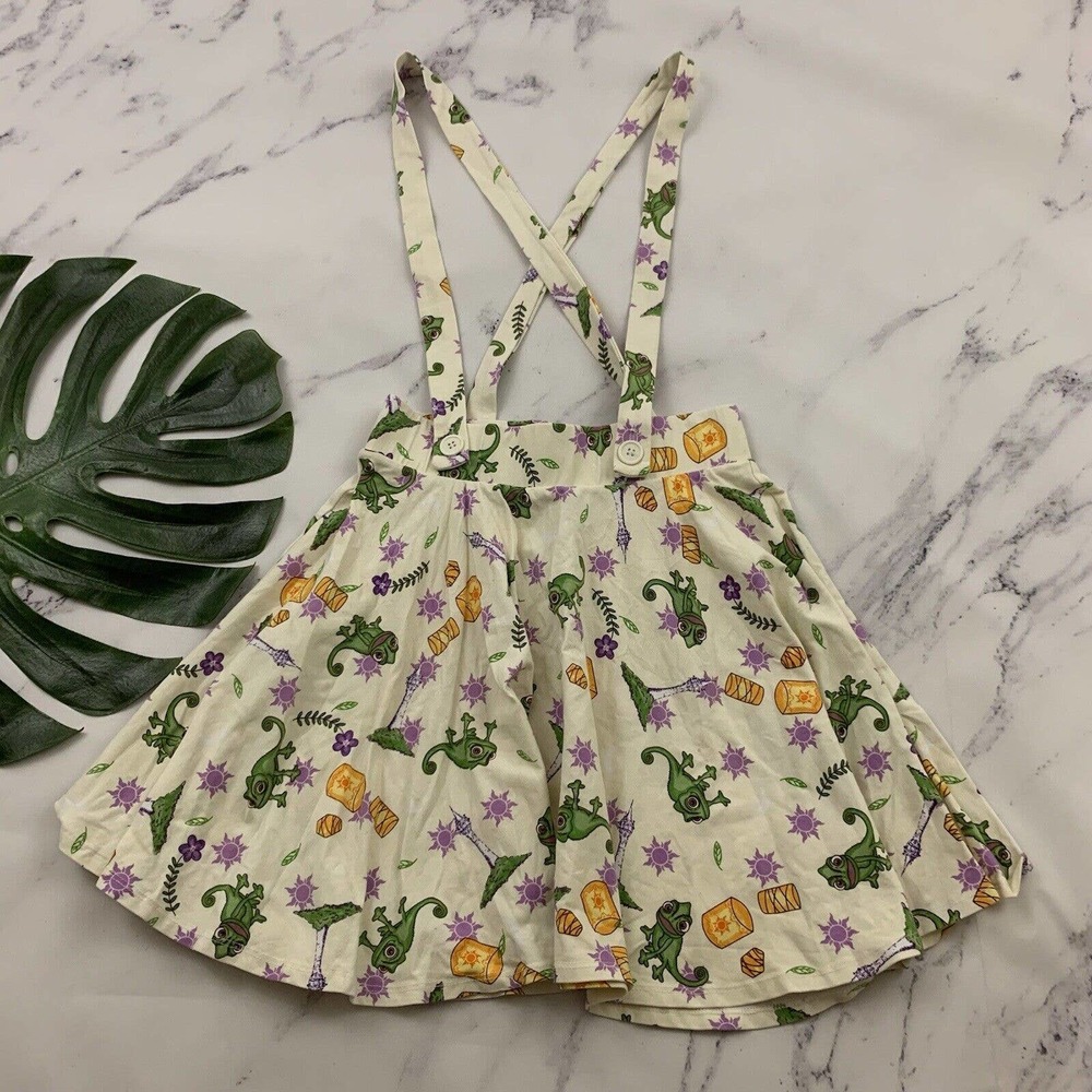 Disney Tangled Womens Suspender Skirt Size S Cream Purple Overall Straps